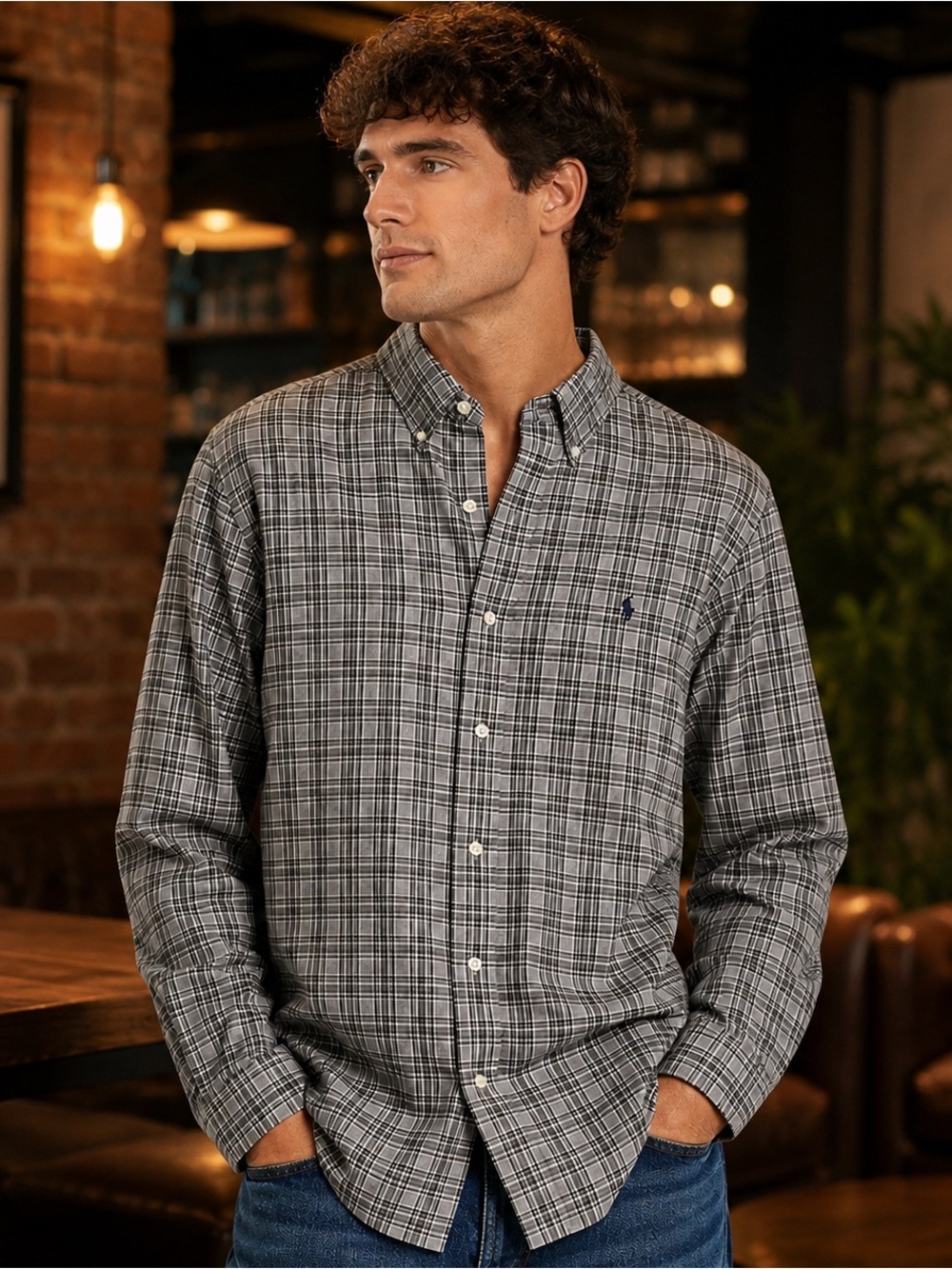 Polo Ralph Lauren Button Down Shirt Mens XL/TG Black &Gray Plaid 100% Cotton Y2K